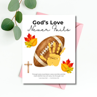 Christian Football Handprint Craft Printable | God’s Love Never Fails | 1 Corinthians 13:8 Fall Keepsake | Sunday School Kids Craft