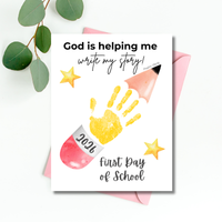 God Is Helping Me Write My Story First Day of School Pencil Handprint Craft | Christian Back to School Printable | Preschool Kindergarten Keepsake PDF