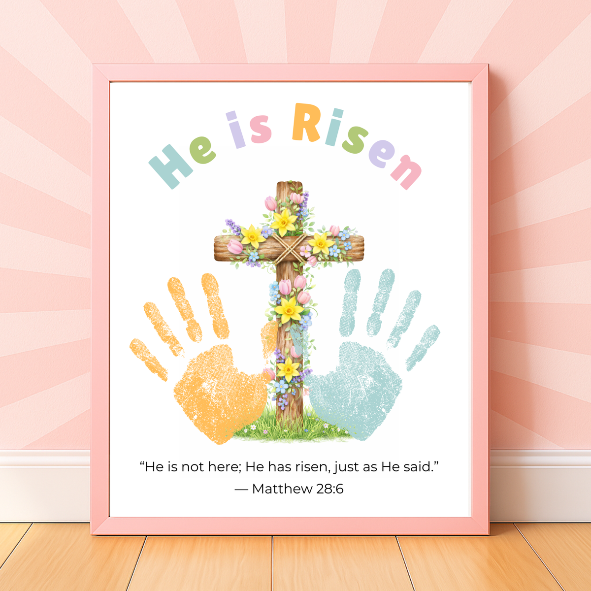 He Is Risen Easter Handprint Craft Printable | Christian Cross Keepsake Art | Matthew 28:6 Resurrection Activity PDF