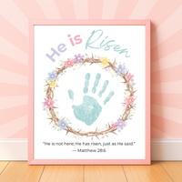 He Is Risen Easter Handprint Craft Printable | Christian Resurrection Keepsake Art | Matthew 28:6 Bible Verse Activity PDF