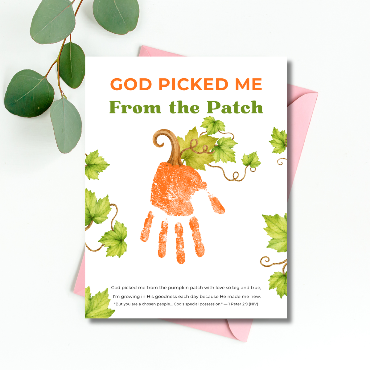 God Picked Me from the Patch Handprint Craft Printable, Christian Pumpkin Handprint Keepsake, Baby's First Fall, Preschool Autumn Activity