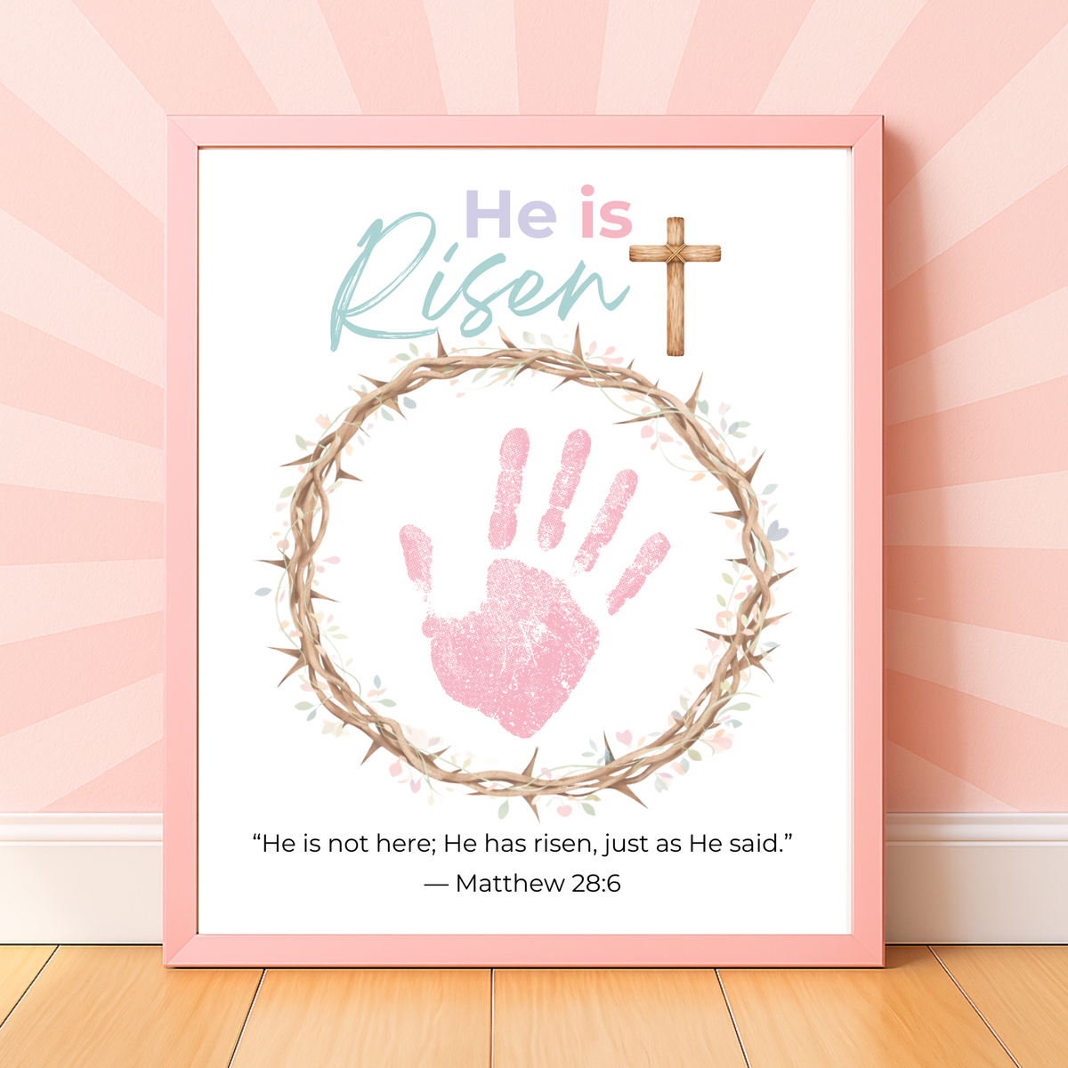 He Is Risen Easter Handprint Craft Printable | Christian Resurrection Keepsake Art with Cross | Matthew 28:6 Bible Verse PDF