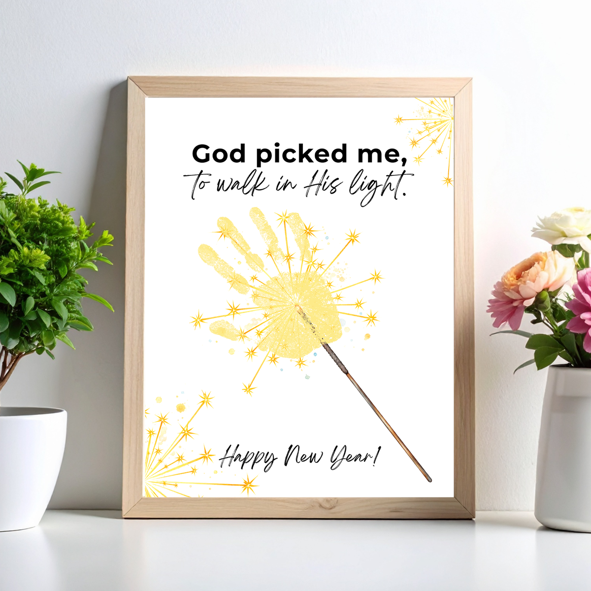 God Picked Me to Walk in His Light New Year Handprint Craft | Christian Sparkler Printable | New Year's Eve Fingerprint Activity | Preschool Christian Keepsake