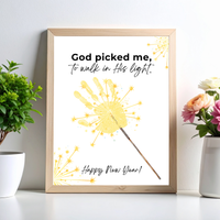 God Picked Me to Walk in His Light New Year Handprint Craft | Christian Sparkler Printable | New Year's Eve Fingerprint Activity | Preschool Christian Keepsake