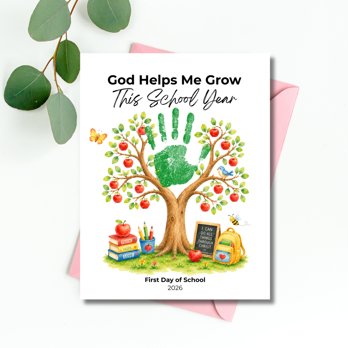 God Helps Me Grow This School Year Handprint Craft Printable, Christian First Day of School Keepsake, Apple Tree Handprint Activity, Preschool Kindergarten PDF