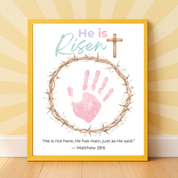 He Is Risen Easter Handprint Craft Printable | Christian Resurrection Keepsake Art with Cross | Matthew 28:6 Bible Verse PDF