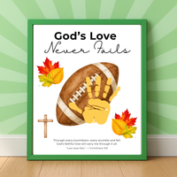 Christian Football Handprint Craft Printable | God’s Love Never Fails | 1 Corinthians 13:8 Fall Keepsake | Sunday School Kids Craft