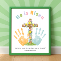 He Is Risen Easter Handprint Craft Printable | Christian Cross Keepsake Art | Matthew 28:6 Resurrection Activity PDF
