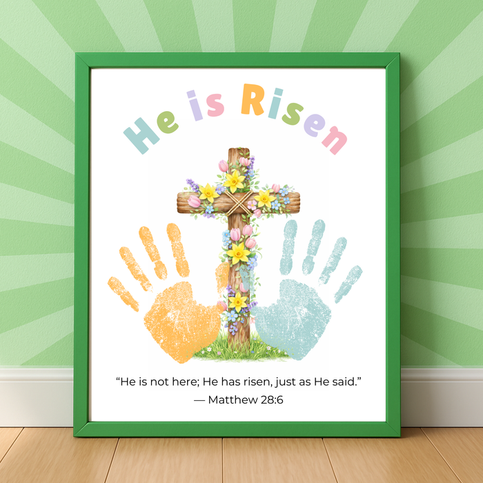 He Is Risen Easter Handprint Craft Printable | Christian Cross Keepsake Art | Matthew 28:6 Resurrection Activity PDF