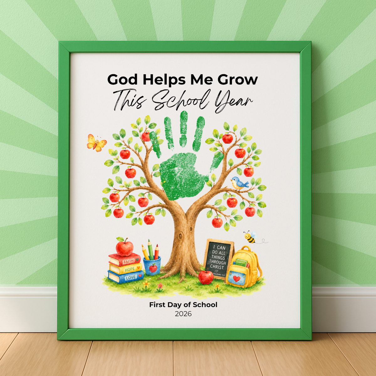 God Helps Me Grow This School Year Handprint Craft Printable, Christian First Day of School Keepsake, Apple Tree Handprint Activity, Preschool Kindergarten PDF