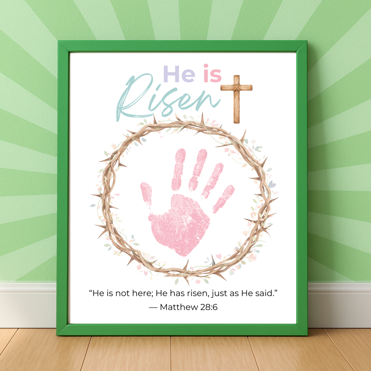 He Is Risen Easter Handprint Craft Printable | Christian Resurrection Keepsake Art with Cross | Matthew 28:6 Bible Verse PDF