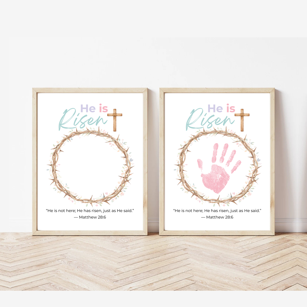 He Is Risen Easter Handprint Craft Printable | Christian Resurrection Keepsake Art with Cross | Matthew 28:6 Bible Verse PDF
