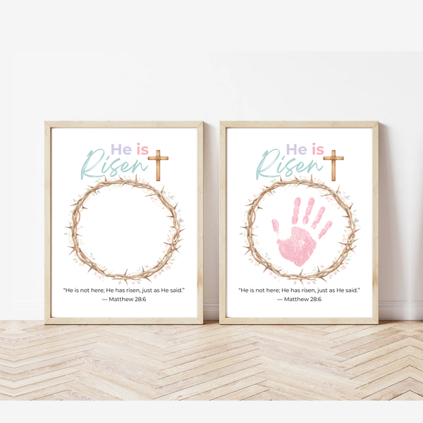 He Is Risen Easter Handprint Craft Printable | Christian Resurrection Keepsake Art with Cross | Matthew 28:6 Bible Verse PDF