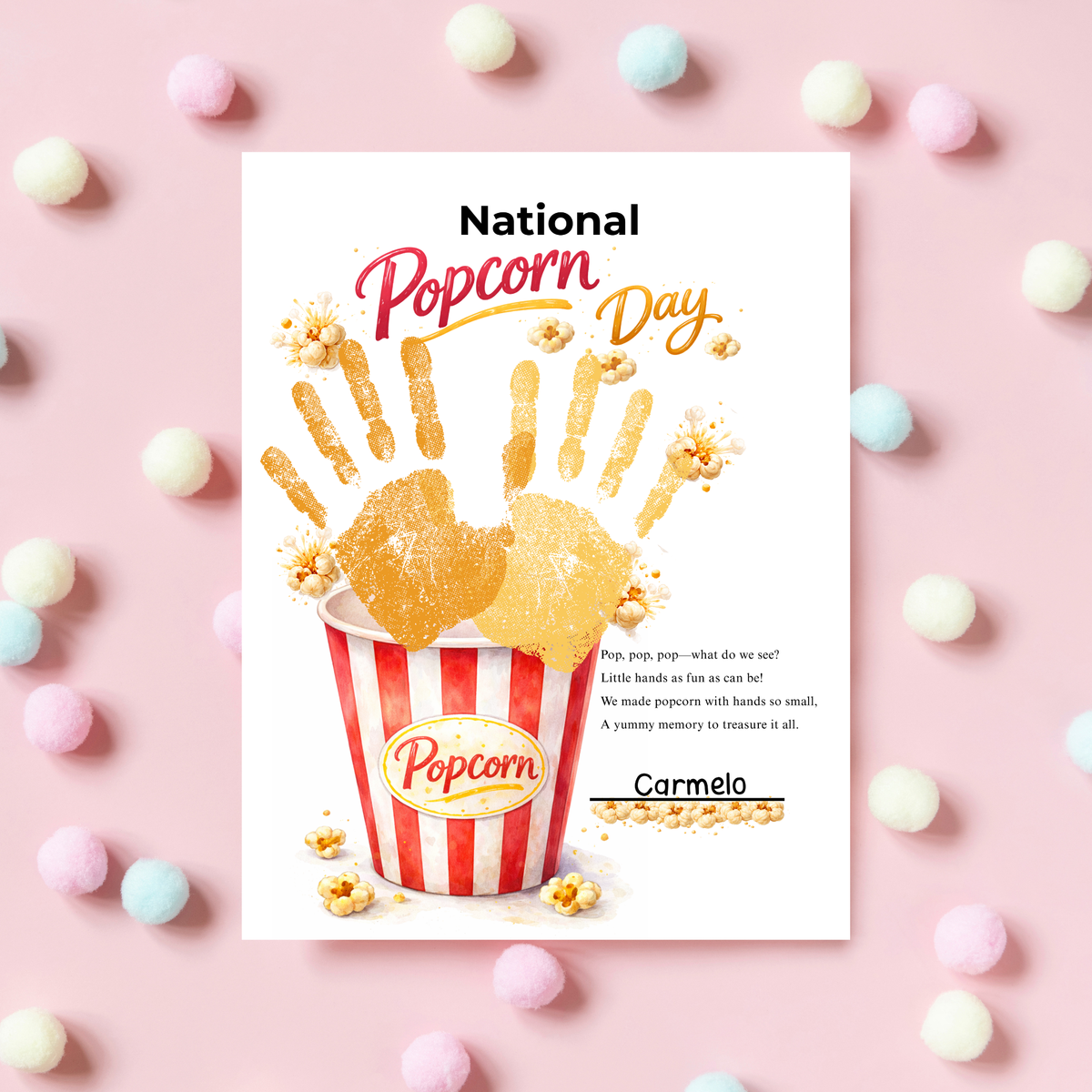 National Popcorn Day Handprint Craft for Kids | Preschool Fine Motor Printable Activity