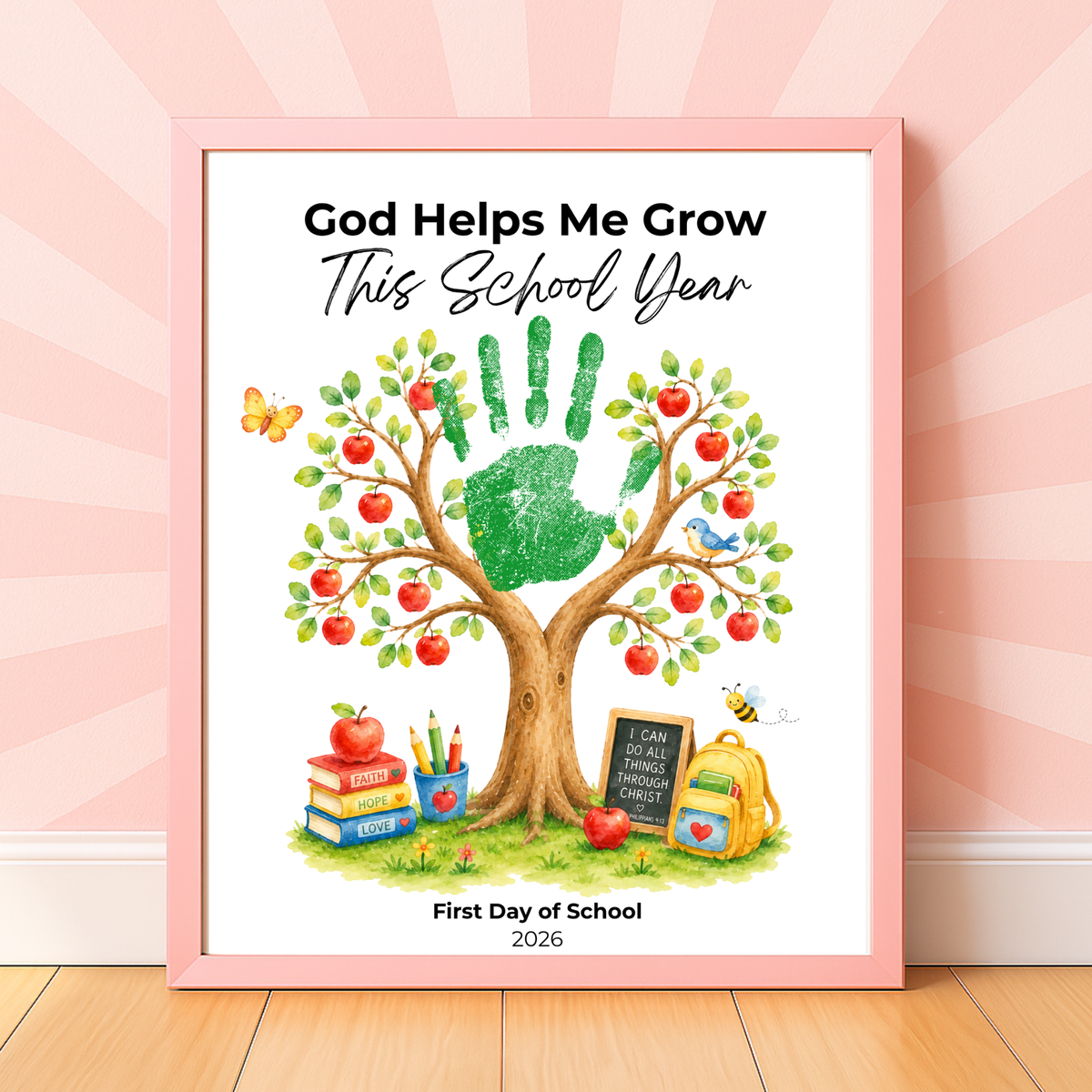 God Helps Me Grow This School Year Handprint Craft Printable, Christian First Day of School Keepsake, Apple Tree Handprint Activity, Preschool Kindergarten PDF