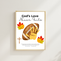 Christian Football Handprint Craft Printable | God’s Love Never Fails | 1 Corinthians 13:8 Fall Keepsake | Sunday School Kids Craft