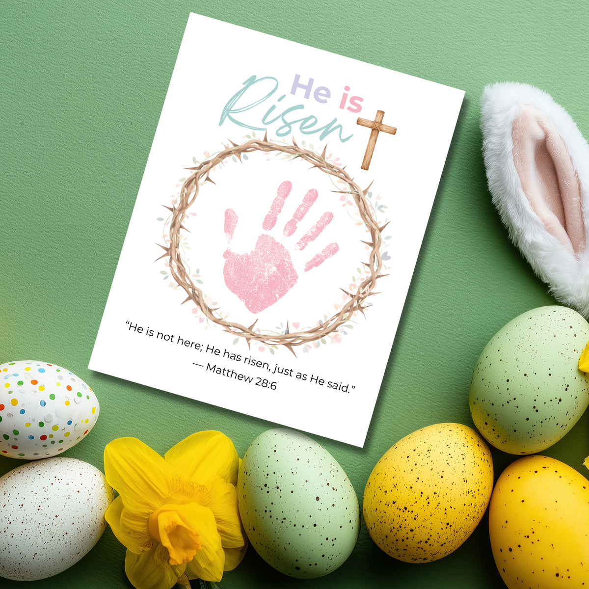He Is Risen Easter Handprint Craft Printable | Christian Resurrection Keepsake Art with Cross | Matthew 28:6 Bible Verse PDF