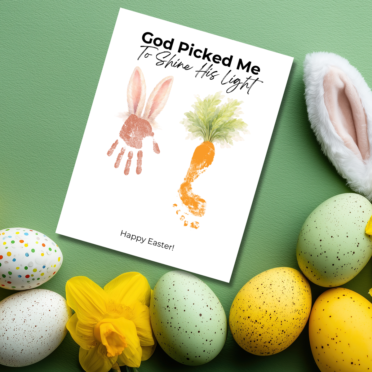 God Picked Me to Shine His Light Easter Handprint Craft Printable | Christian Bunny & Carrot Keepsake | Faith-Based Kids Easter Activity PDF