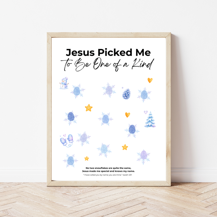 Jesus Picked Me to Be One of a Kind Fingerprint Snowflake Craft | Christian Winter Printable for Kids