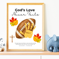 Christian Football Handprint Craft Printable | God’s Love Never Fails | 1 Corinthians 13:8 Fall Keepsake | Sunday School Kids Craft