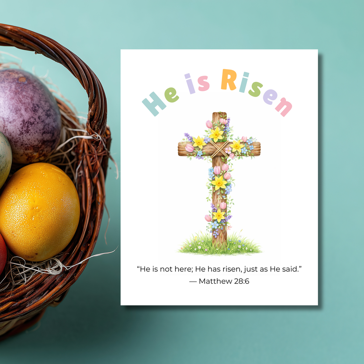 He Is Risen Easter Handprint Craft Printable | Christian Cross Keepsake Art | Matthew 28:6 Resurrection Activity PDF