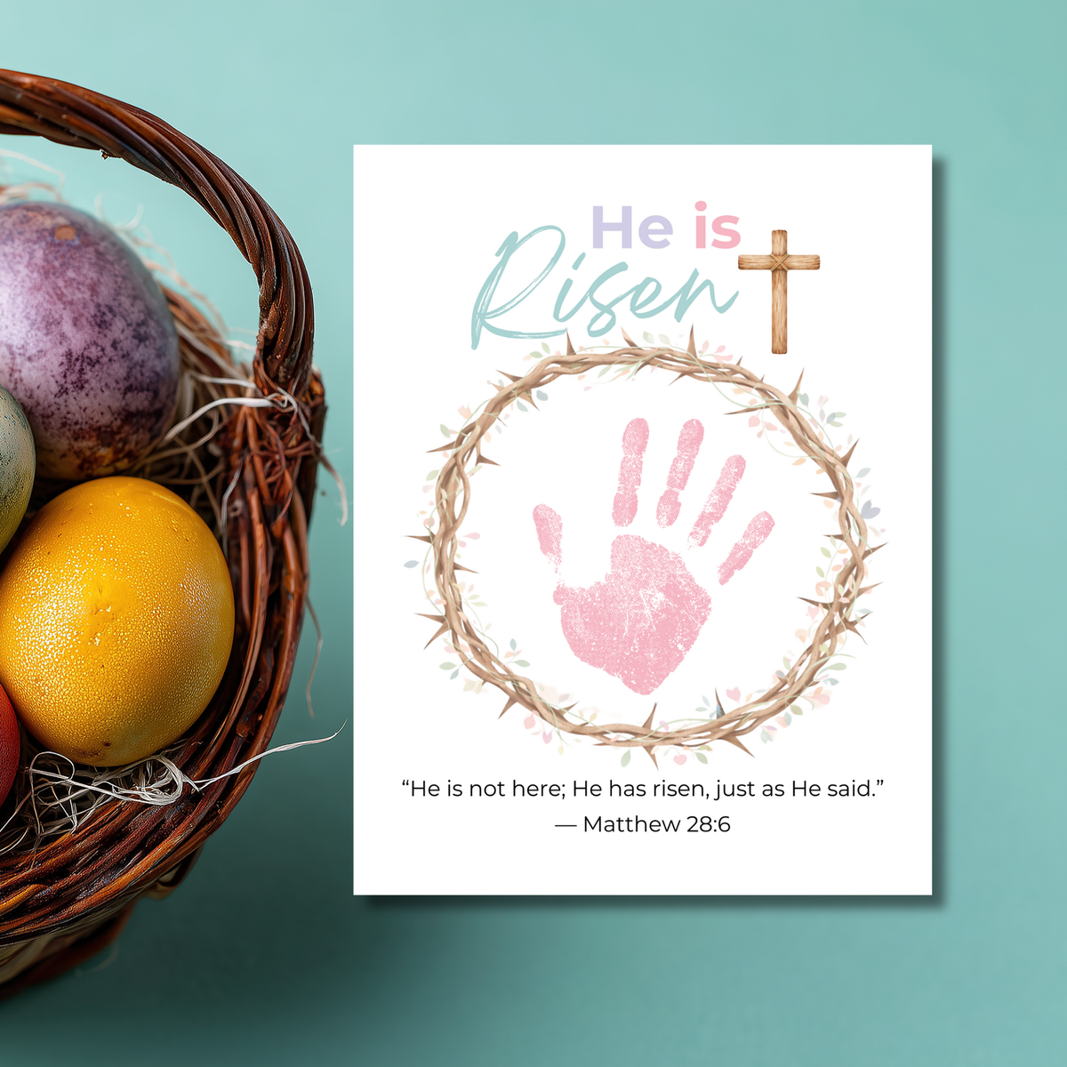 He Is Risen Easter Handprint Craft Printable | Christian Resurrection Keepsake Art with Cross | Matthew 28:6 Bible Verse PDF