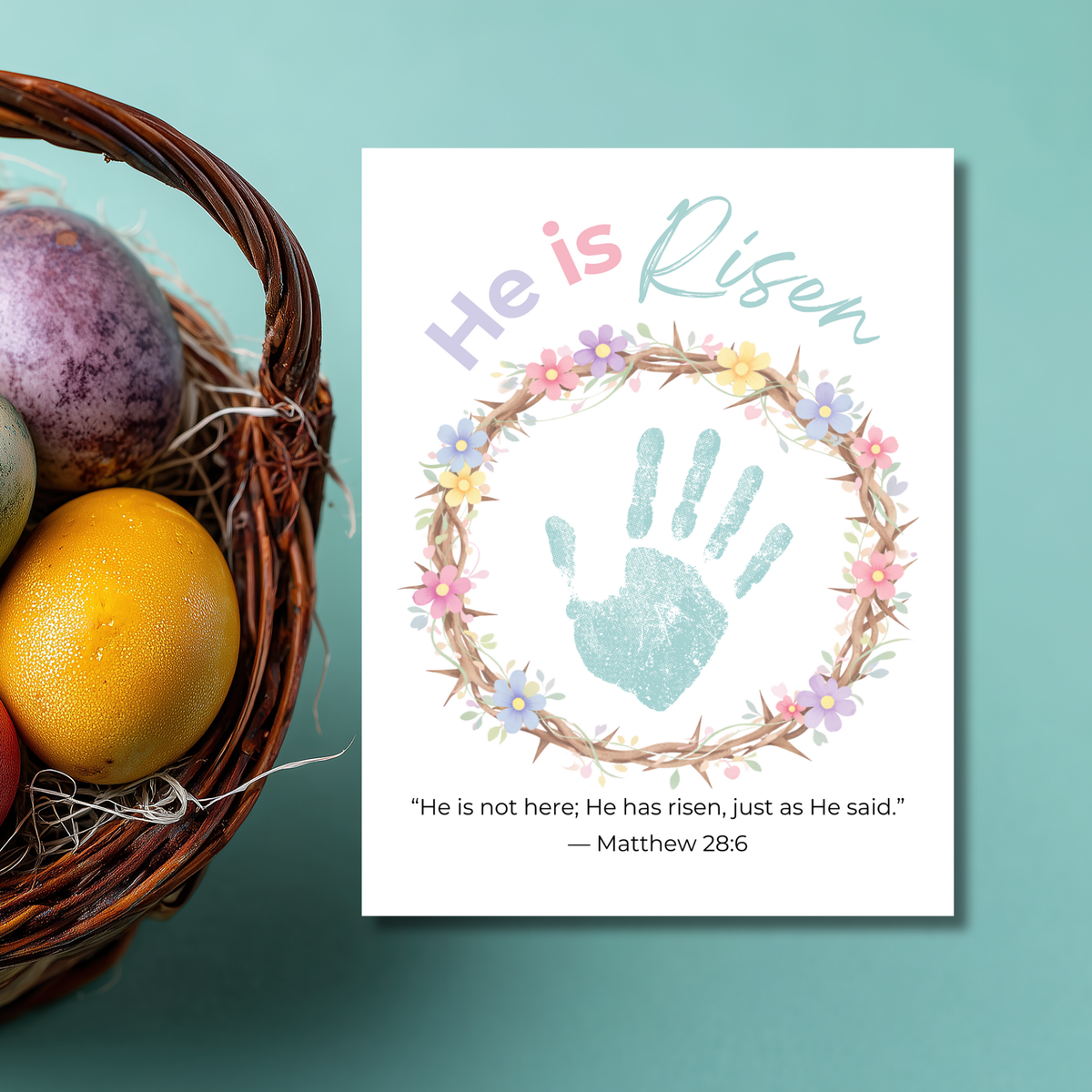 He Is Risen Easter Handprint Craft Printable | Christian Resurrection Keepsake Art | Matthew 28:6 Bible Verse Activity PDF