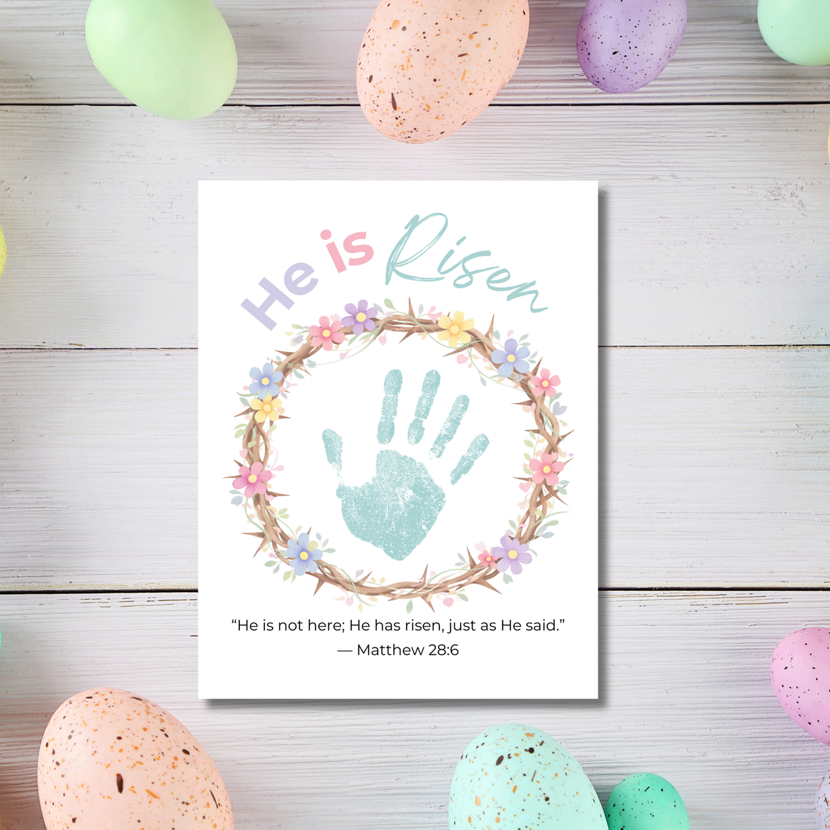 He Is Risen Easter Handprint Craft Printable | Christian Resurrection Keepsake Art | Matthew 28:6 Bible Verse Activity PDF