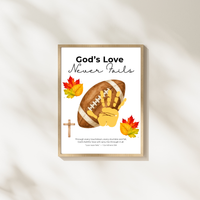 Christian Football Handprint Craft Printable | God’s Love Never Fails | 1 Corinthians 13:8 Fall Keepsake | Sunday School Kids Craft