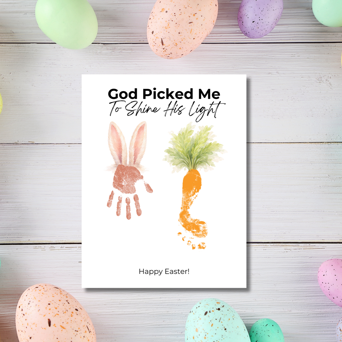 God Picked Me to Shine His Light Easter Handprint Craft Printable | Christian Bunny & Carrot Keepsake | Faith-Based Kids Easter Activity PDF