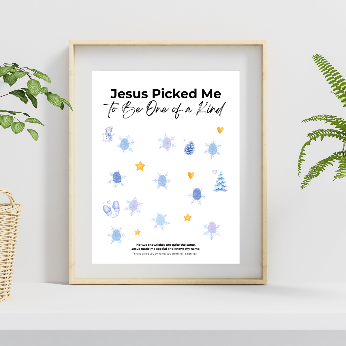 Jesus Picked Me to Be One of a Kind Fingerprint Snowflake Craft | Christian Winter Printable for Kids