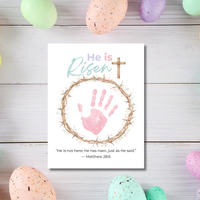 He Is Risen Easter Handprint Craft Printable | Christian Resurrection Keepsake Art with Cross | Matthew 28:6 Bible Verse PDF