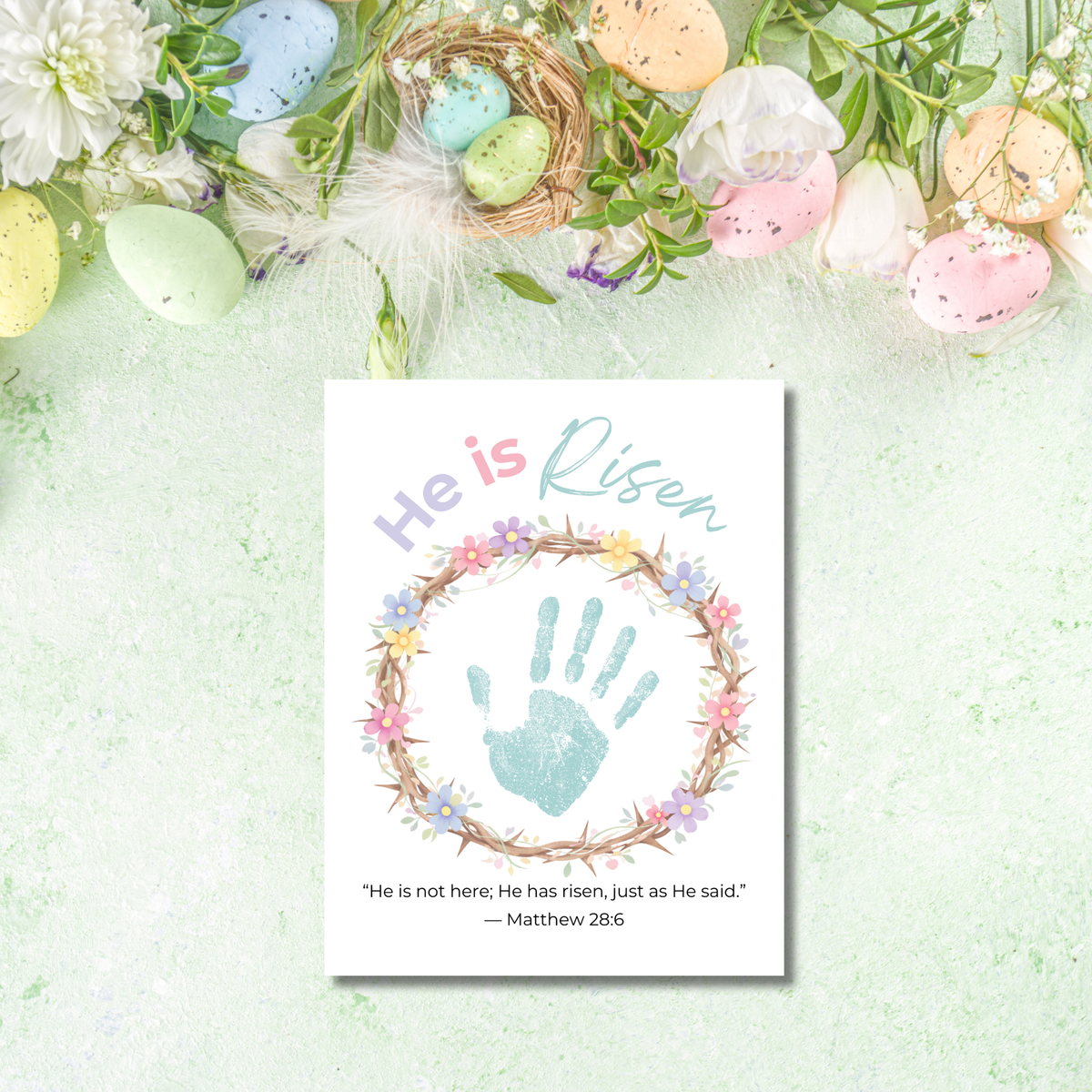 He Is Risen Easter Handprint Craft Printable | Christian Resurrection Keepsake Art | Matthew 28:6 Bible Verse Activity PDF