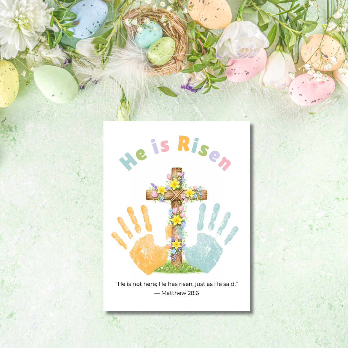 He Is Risen Easter Handprint Craft Printable | Christian Cross Keepsake Art | Matthew 28:6 Resurrection Activity PDF