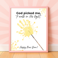 God Picked Me to Walk in His Light New Year Handprint Craft | Christian Sparkler Printable | New Year's Eve Fingerprint Activity | Preschool Christian Keepsake