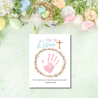 He Is Risen Easter Handprint Craft Printable | Christian Resurrection Keepsake Art with Cross | Matthew 28:6 Bible Verse PDF
