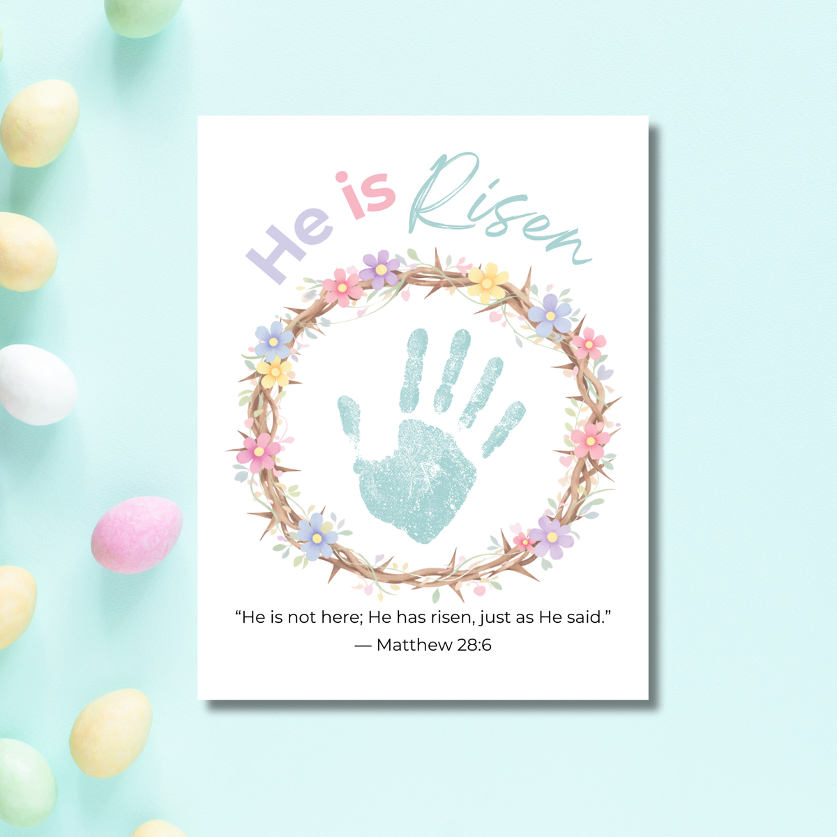 He Is Risen Easter Handprint Craft Printable | Christian Resurrection Keepsake Art | Matthew 28:6 Bible Verse Activity PDF