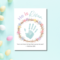 He Is Risen Easter Handprint Craft Printable | Christian Resurrection Keepsake Art | Matthew 28:6 Bible Verse Activity PDF