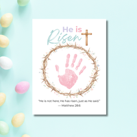 He Is Risen Easter Handprint Craft Printable | Christian Resurrection Keepsake Art with Cross | Matthew 28:6 Bible Verse PDF