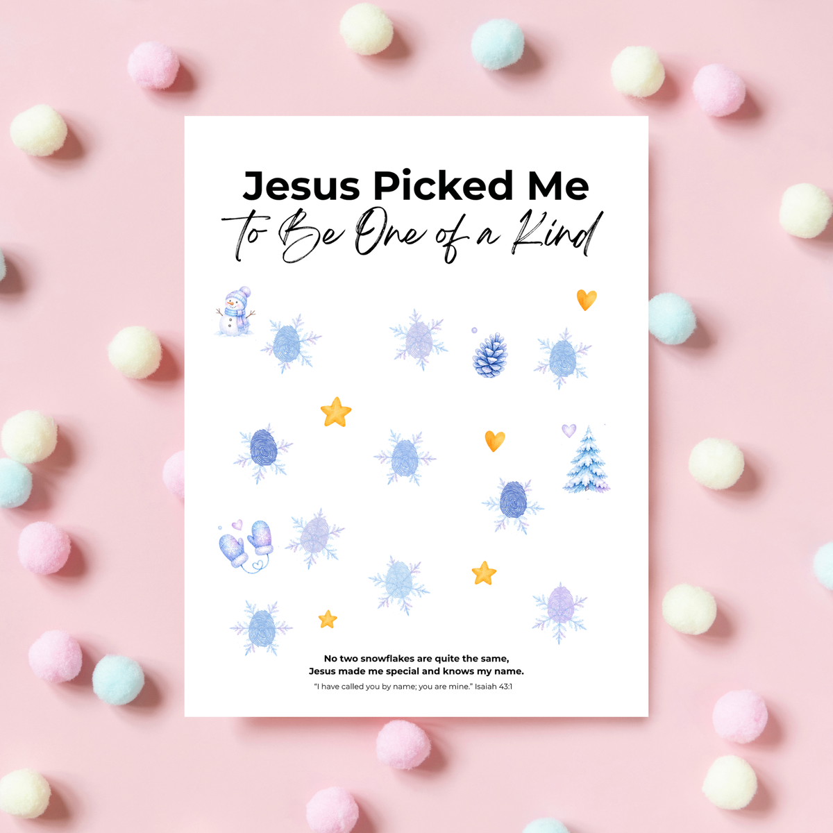 Jesus Picked Me to Be One of a Kind Fingerprint Snowflake Craft | Christian Winter Printable for Kids