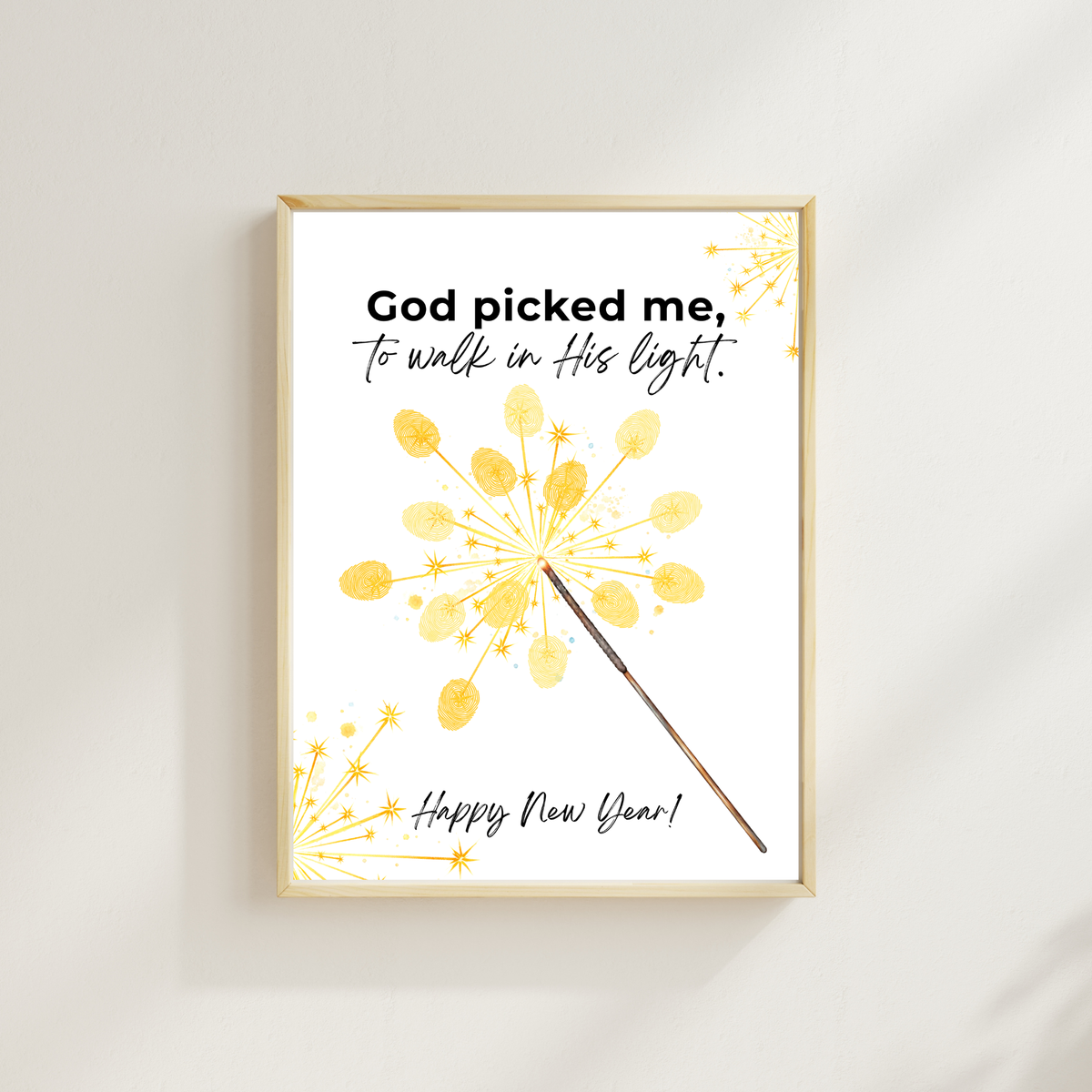God Picked Me to Walk in His Light New Year Handprint Craft | Christian Sparkler Printable | New Year's Eve Fingerprint Activity | Preschool Christian Keepsake