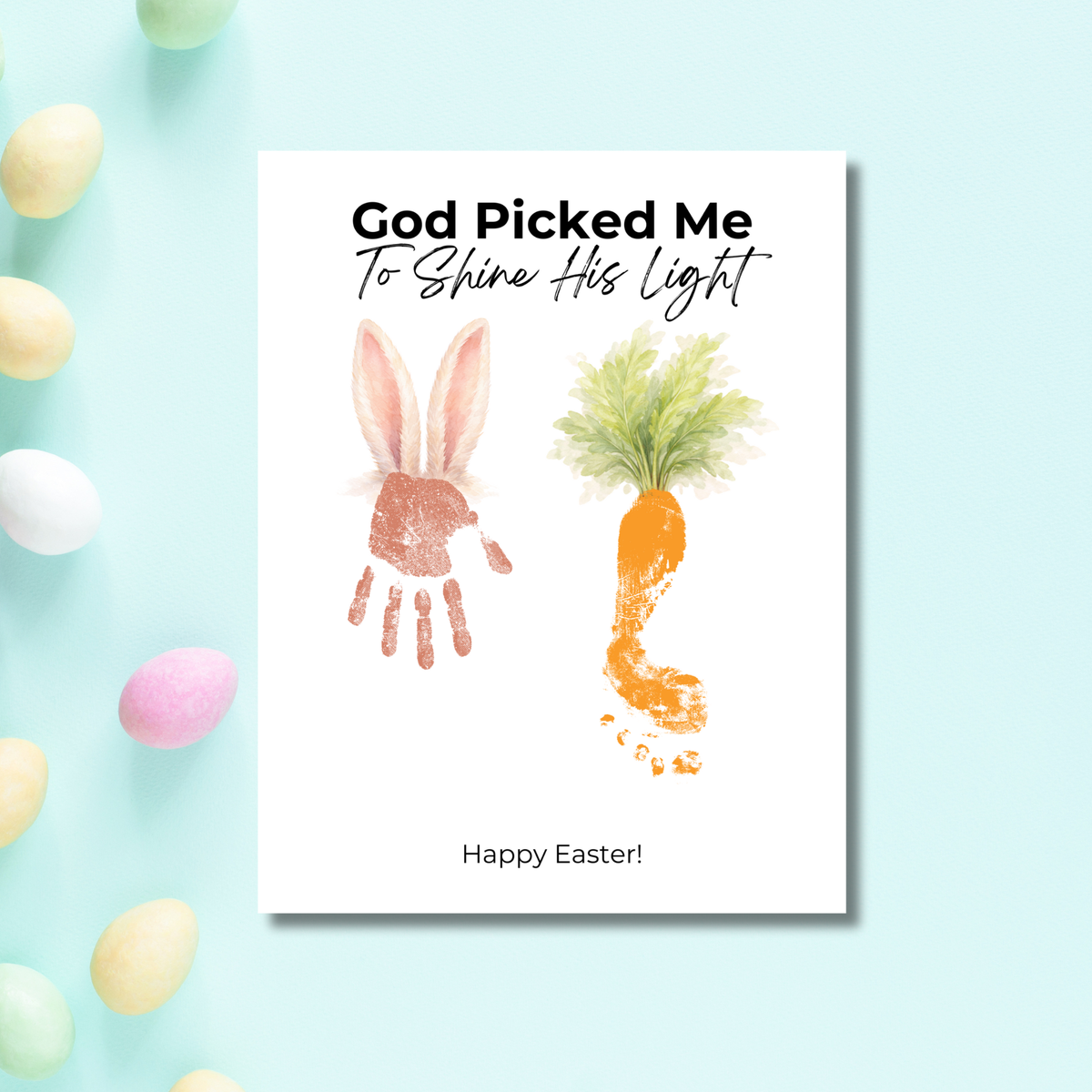 God Picked Me to Shine His Light Easter Handprint Craft Printable | Christian Bunny & Carrot Keepsake | Faith-Based Kids Easter Activity PDF