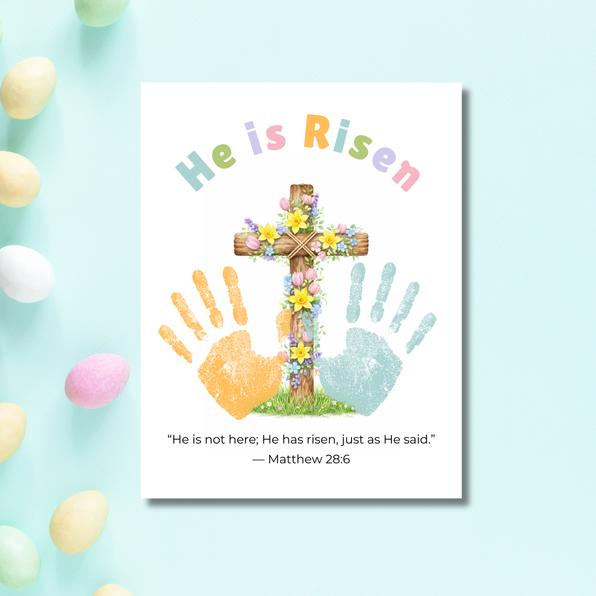 He Is Risen Easter Handprint Craft Printable | Christian Cross Keepsake Art | Matthew 28:6 Resurrection Activity PDF