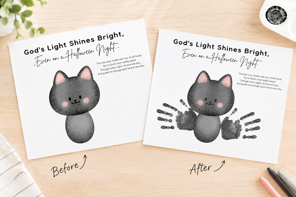 Christian Halloween Bat Handprint Craft Printable | Faith-Based Halloween Keepsake Activity for Kids | Preschool Christian Halloween Craft | Sunday School Printable