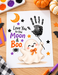 Love You to the Moon & Boo Halloween Handprint Craft | Cute Ghost Printable for Kids | Preschool Halloween Keepsake