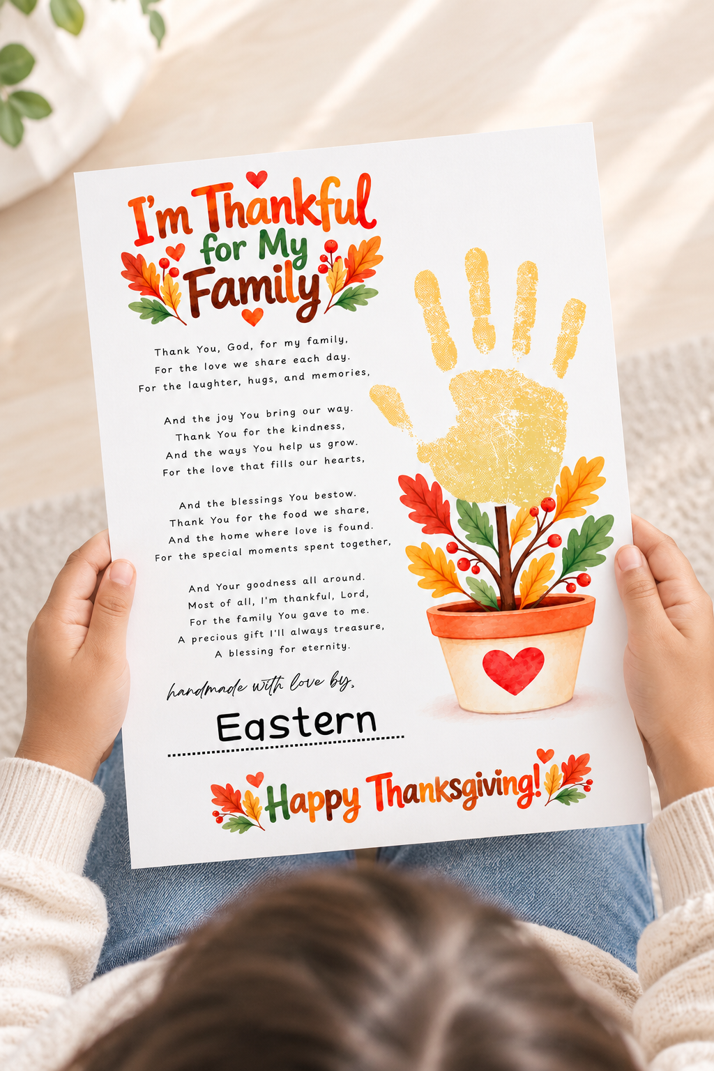 I'm Thankful for My Family Thanksgiving Handprint Craft | Christian Fall Keepsake Printable for Kids