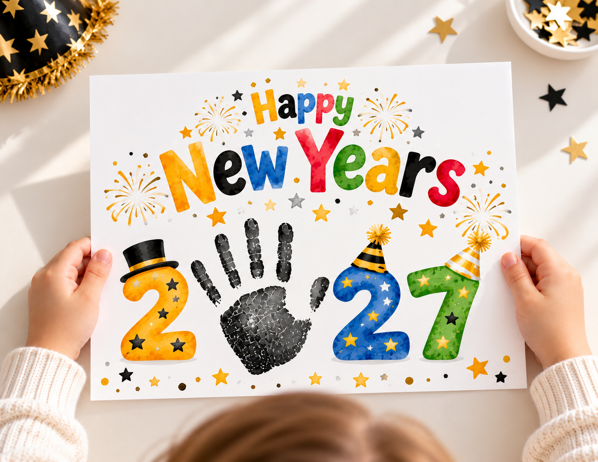 New Year 2027 Handprint Craft & Coloring Page | Happy New Year Keepsake Printable for Kids