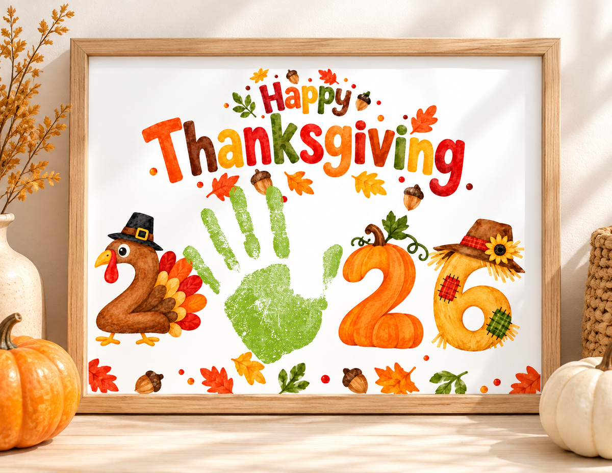 Thanksgiving 2026 Handprint Craft | Happy Thanksgiving Turkey Keepsake Printable for Kids