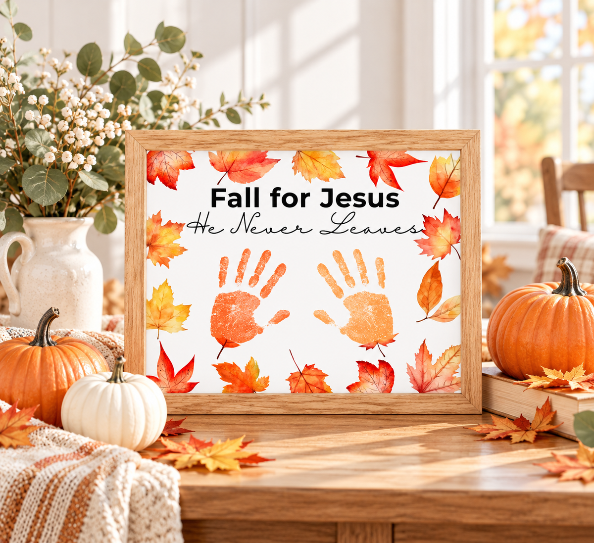 Christian Fall Handprint Craft Printable | Fall for Jesus He Never Leaves | Autumn Bible Keepsake Activity for Kids