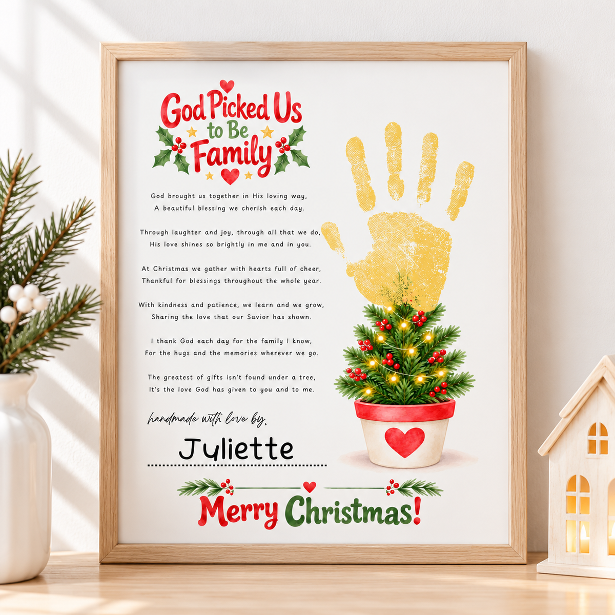 God Picked Us to Be Family Christmas Handprint Craft | Christian Family Keepsake Printable